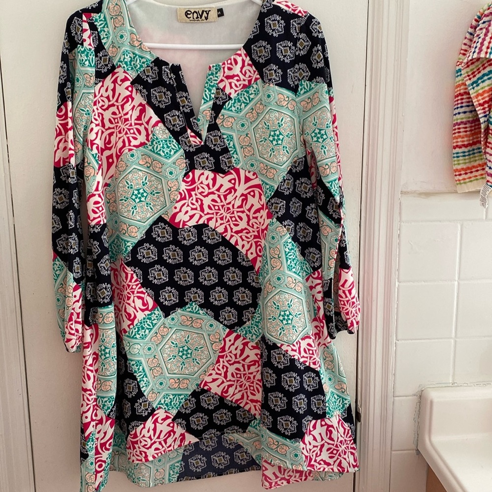 Envy patchwork high-low long-sleeve dress